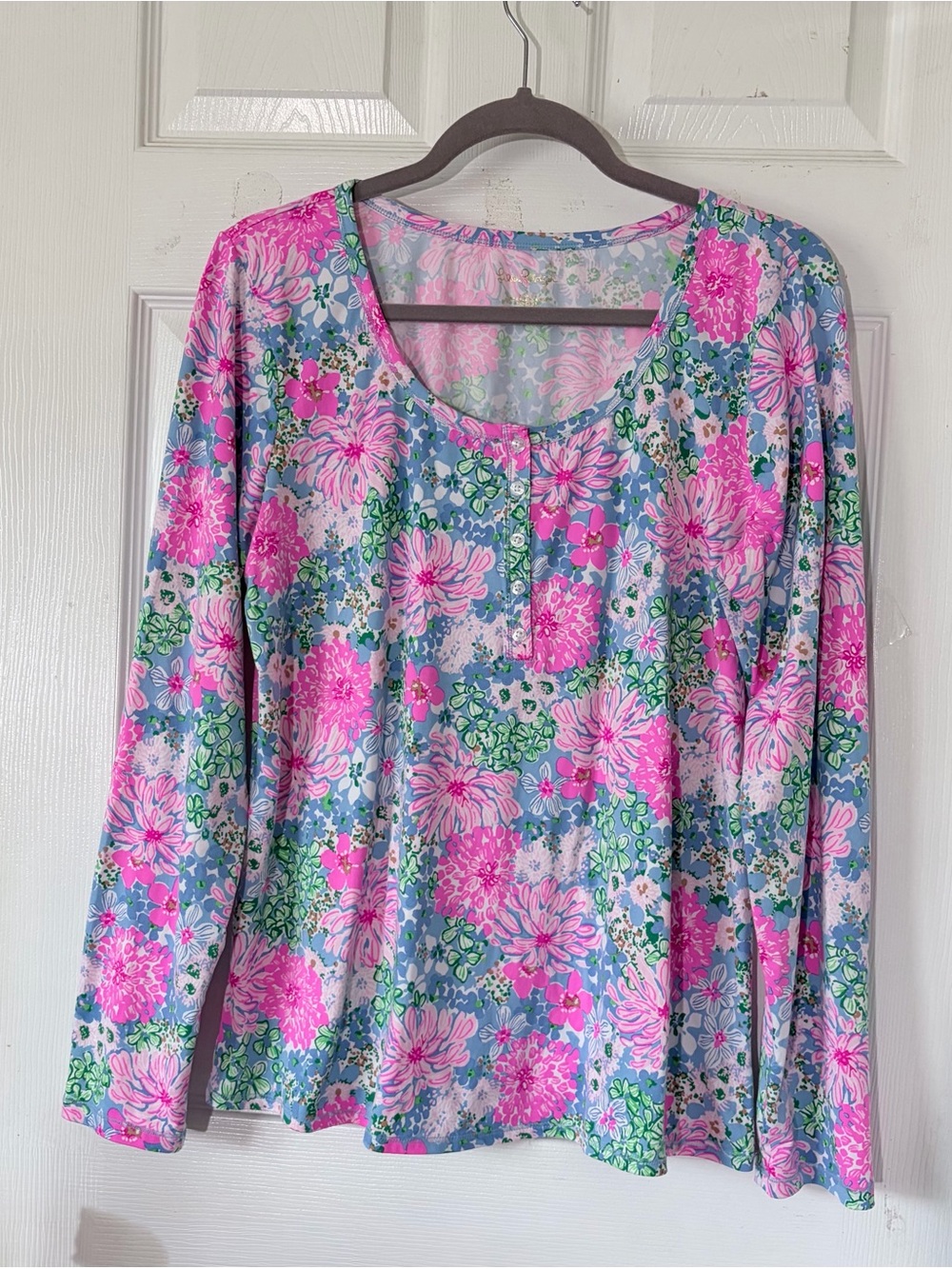 Lilly Pulitzer Floral Scoop Neck Long-Sleeve Top in Pink and Blue Sz L